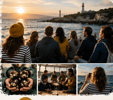Grupo de clientes contemplando el atardecer en el mar