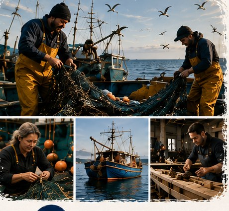 Pescadores de la comunidad trabajando a bordo