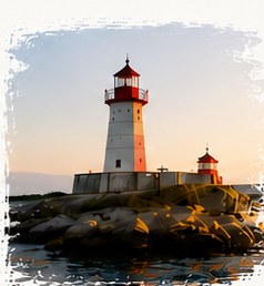 Faro rojo sobre el mar al atardecer