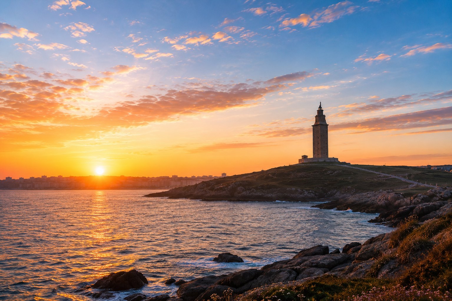 Faro de A Coruña al atardecer sobre el mar