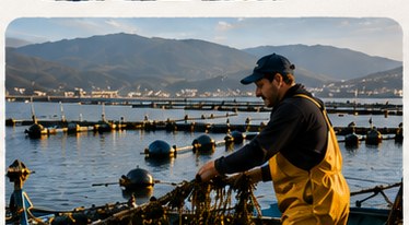 Acuicultor trabajando en una batea