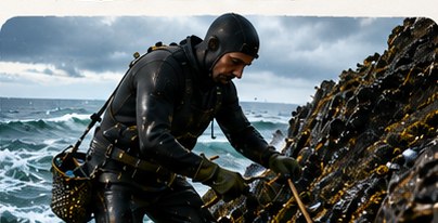 Percebeiro recogiendo percebes en las rocas